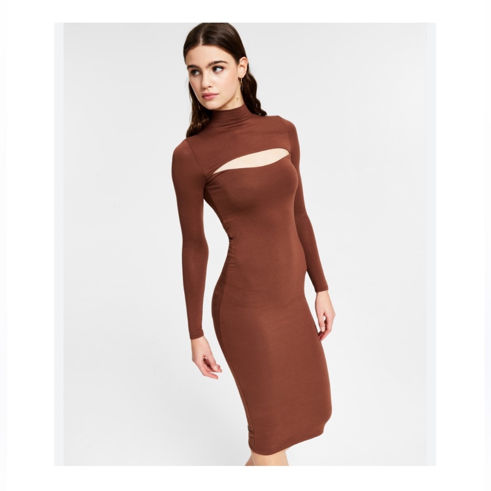 Bar III Brown Mock Neck Long Sleeve Bodycon Dress
